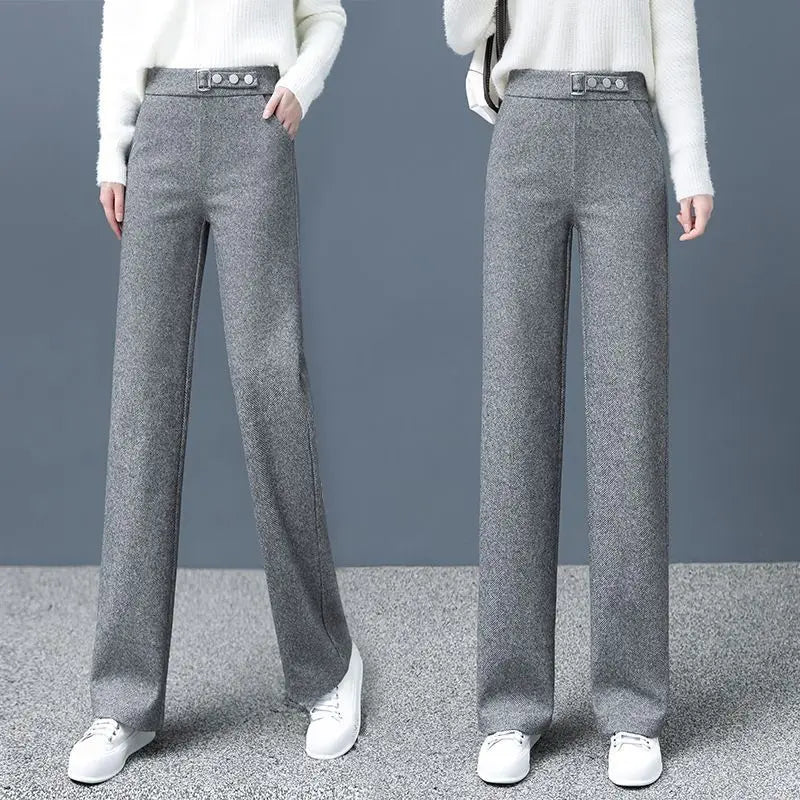 Close-up of the herringbone fabric on Women's High-Waist Tailored Astoria Pants, showing quality detail.