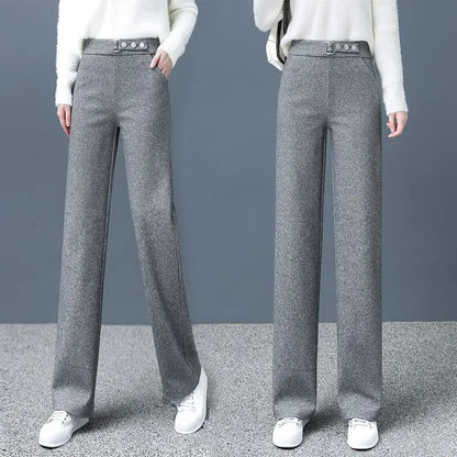 Close-up of the herringbone fabric on Women's High-Waist Tailored Astoria Pants, showing quality detail.