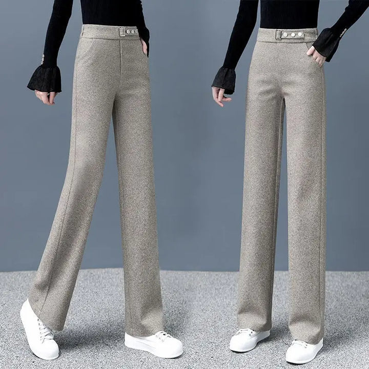 Side view of Women's High-Waist Tailored Astoria Pants, highlighting the flattering high-waist design.