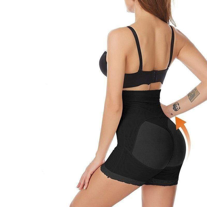 Seamless high-waist shaping shorts offering tummy control, thigh shaping, & butt lift, invisible under dresses.