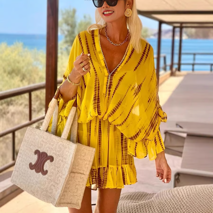 Elegant high waist V-neck mini dress for women. Versatile for casual outings or a chic party look.