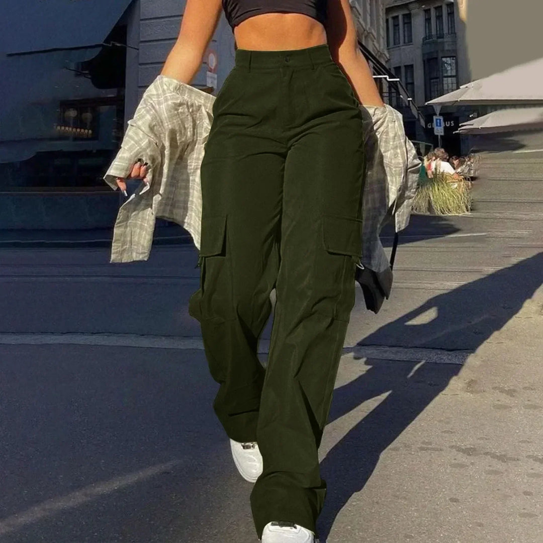 Everyday women's cargo pants, high waisted with a wide leg cut and distinctive utility pockets.