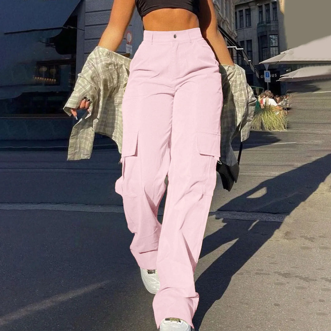 Trendy women's wide leg cargo pants, high waisted with functional utility pockets, ideal for streetwear.