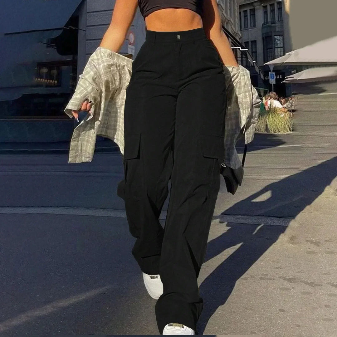 Practical high waist wide leg cargo pants for women, offering a modern look with spacious utility pockets.