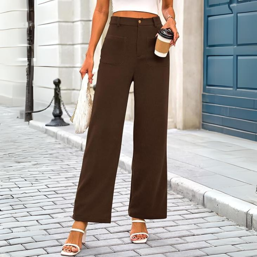 Women's high waist wide leg palazzo trousers with pockets. Elegant & comfortable casual fashion pants.