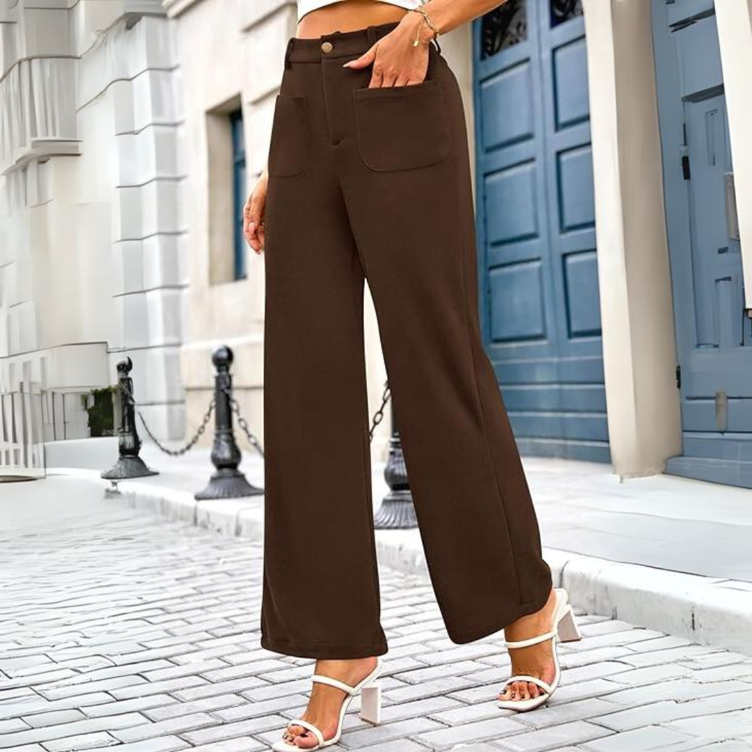 Comfortable high waist wide leg palazzo pants for women, featuring practical pockets and elegant drape.