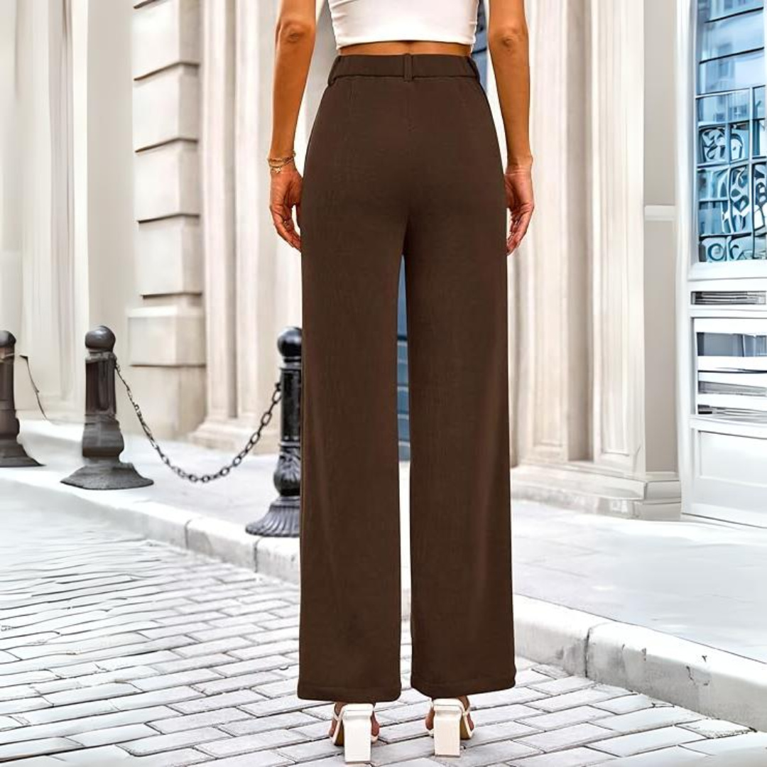 Khaki wide leg palazzo trousers for women with high waist & pockets. Perfect casual or elegant fashion pants.