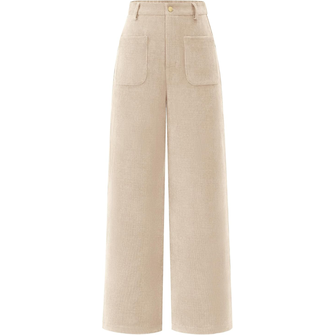Beige women's high waist wide leg palazzo trousers with discreet pockets, offering elegant comfort.