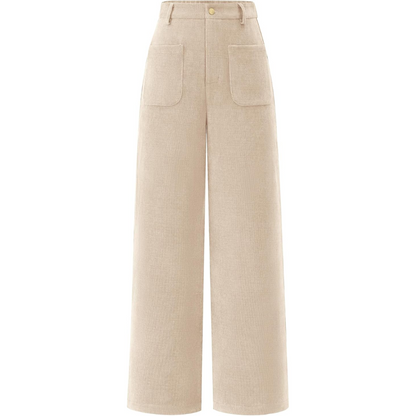 Beige women's high waist wide leg palazzo trousers with discreet pockets, offering elegant comfort.