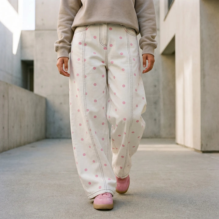 Women's high-waisted barrel pants with a chic dotted print, relaxed fit for spring/summer fashion.
