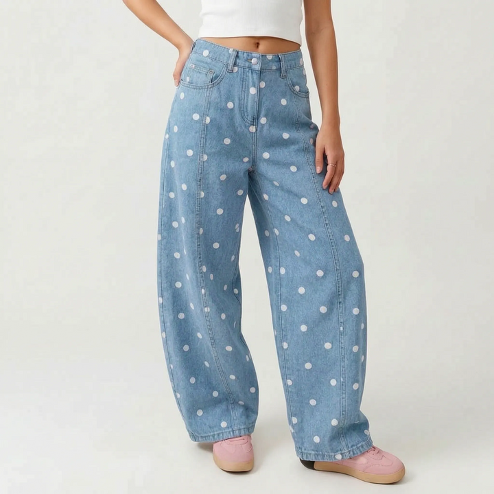 Chic women's high-waisted barrel pants with a unique dotted print. Wide-leg and relaxed for comfortable fashion.