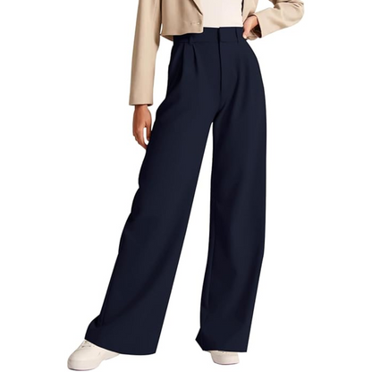 Model wearing women's high-waisted straight-leg business casual pants, showcasing pockets.