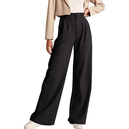 Close-up of pockets on women's high-waisted business casual straight-leg trousers.
