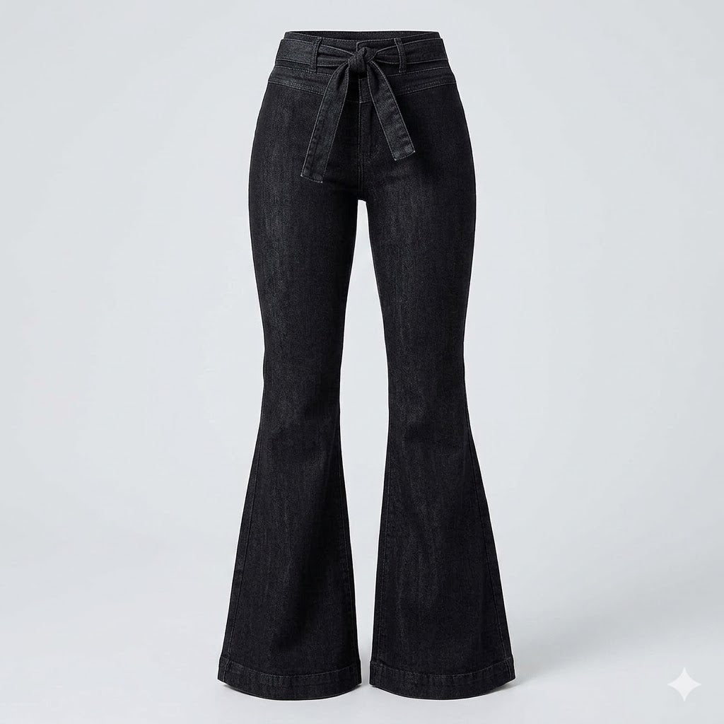 Fashionable women's high waisted flare trousers with a sculpting fit, ideal for casual or evening wear.