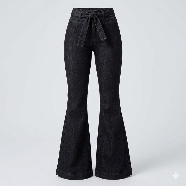 Fashionable women's high waisted flare trousers with a sculpting fit, ideal for casual or evening wear.