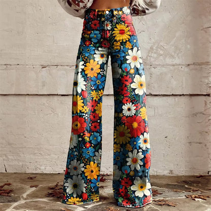 Women's high-waisted flared jeans with a unique floral pattern, made from comfortable denim. Stylish and versatile.