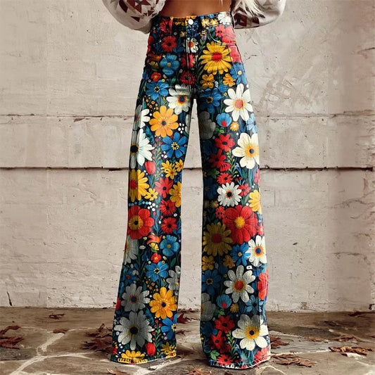 Women's high-waisted flared jeans with a unique floral pattern, made from comfortable denim. Stylish and versatile.