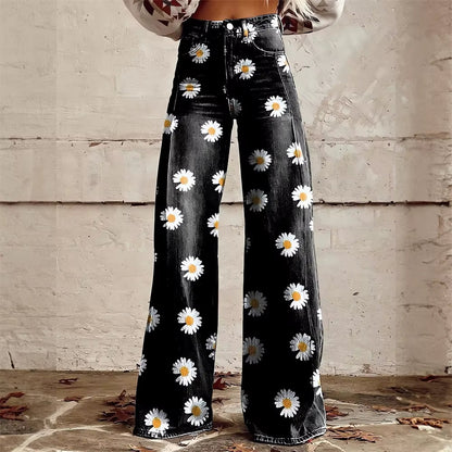 Fashionable women's high-waisted flared jeans featuring a vibrant celestial pattern. Comfortable, wide-leg denim.