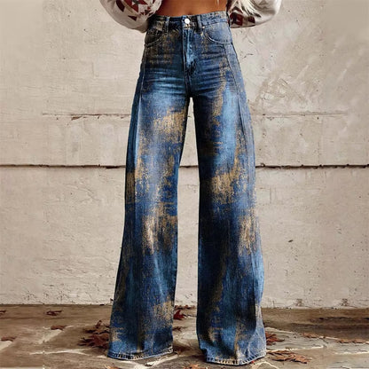 Statement women's flared denim jeans, high-waisted with an eye-catching abstract pattern. Unique and trendy.