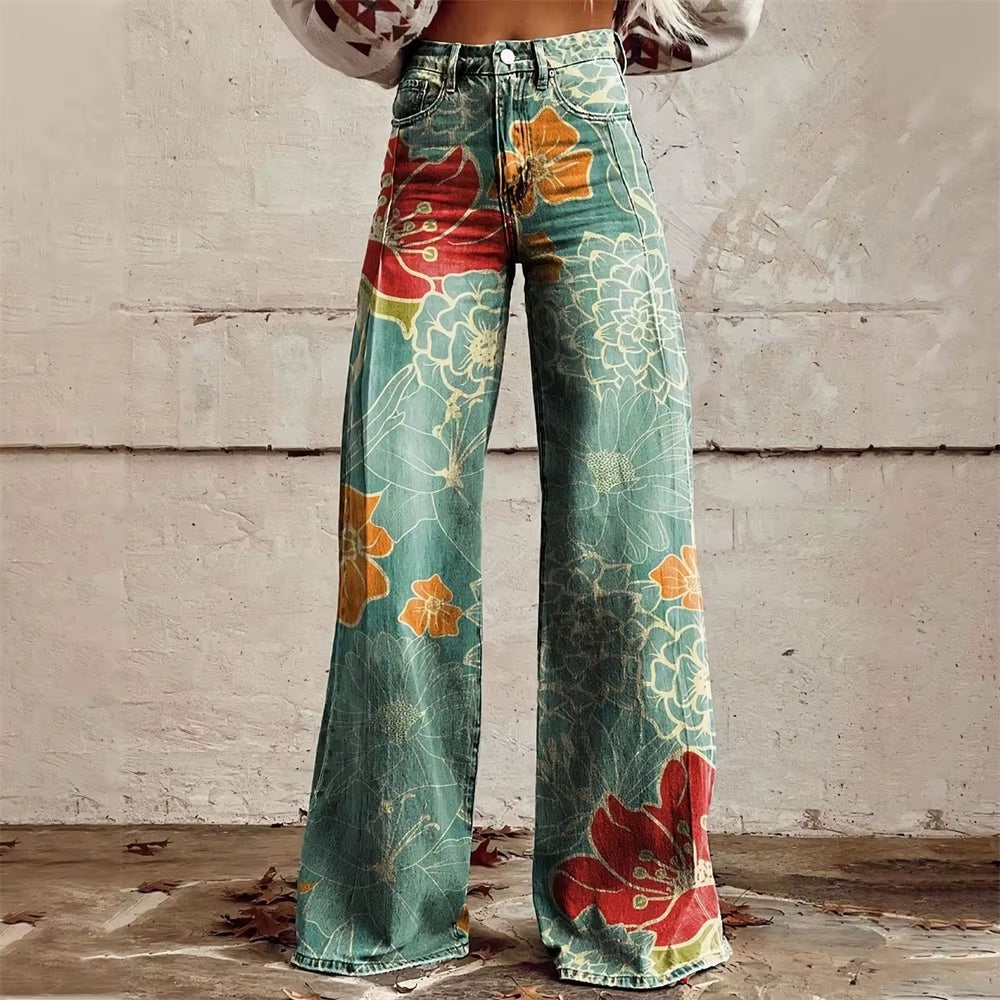 Comfortable high-waisted women's flared jeans, featuring a stylish unique print. Versatile denim fashion.