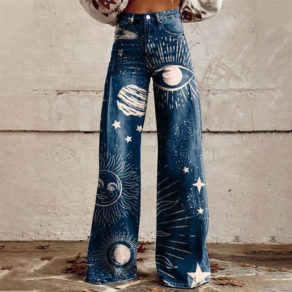 Women's high-rise flared jeans in patterned denim. Featuring a unique wide-leg design and comfortable fit.