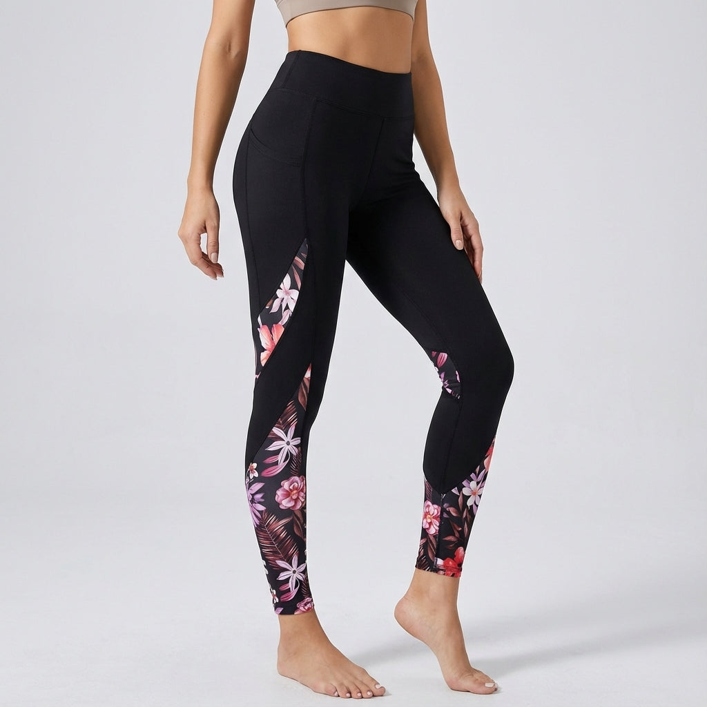 Women's high-waisted fitness leggings with floral print for yoga & activewear. Comfortable, opaque stretch.