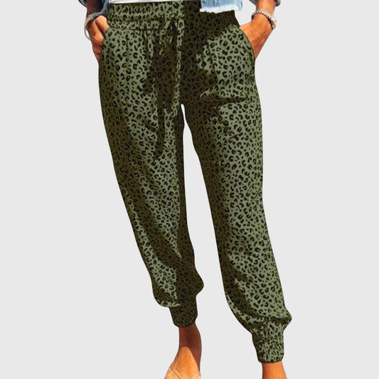 Women's high-waisted leopard print wide-leg pants. Flowy, comfortable fashion pants for casual or dressy wear.