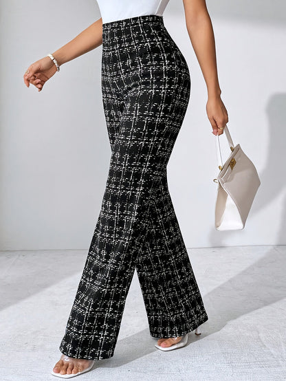 Women's high-waisted plaid flare pants in a comfortable, wrinkle-resistant stretch knit fabric.