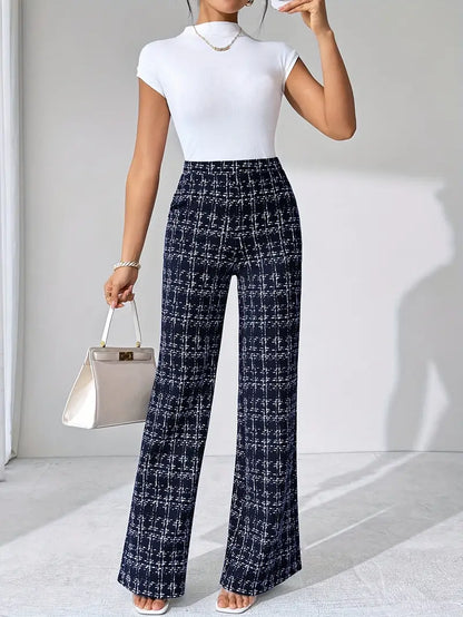 Women's high-waisted stretch knit plaid flare pants, perfect for both casual and dressed-up looks.