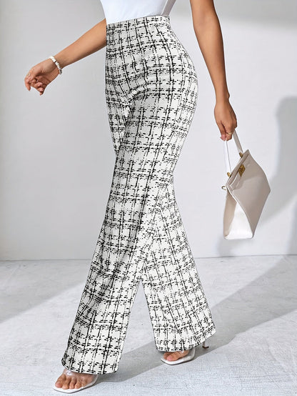 Comfortable women's pull-on plaid flare pants; high-waisted, stretch knit, offering a tweed look.