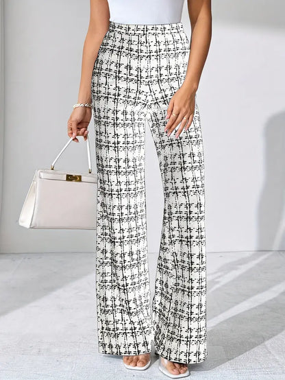 Women's stretch knit plaid flare pants, high-waisted and comfortable with a classic plaid pattern.