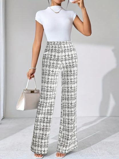 Women's comfortable plaid flare pants, high-waisted, stretch knit, and wrinkle-resistant for travel.