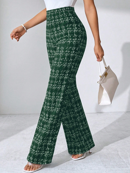 Chic women's high-waisted plaid flare pants, stretch knit for a comfortable and adaptable fit.