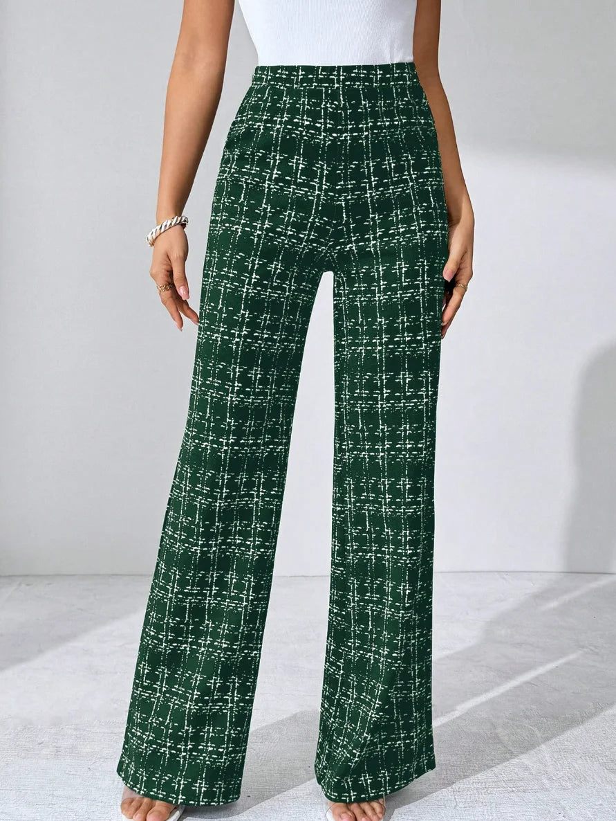 Trendy high-waisted plaid flare pants for women, soft stretch knit, featuring pull-on convenience.