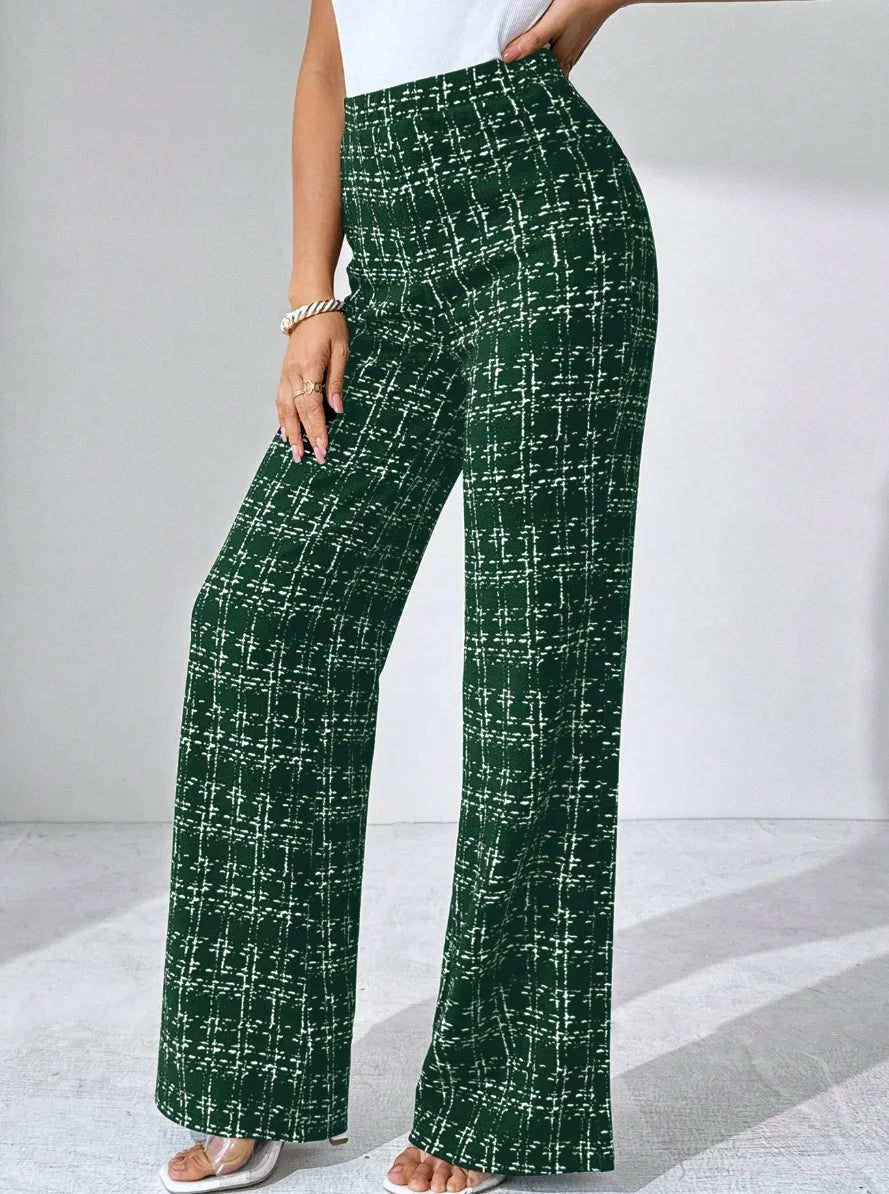 Women's high-waisted plaid flare pants with a tweed-like texture, comfortable stretch knit fabric.