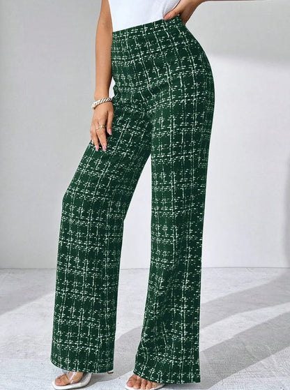 Women's high-waisted plaid flare pants with a tweed-like texture, comfortable stretch knit fabric.