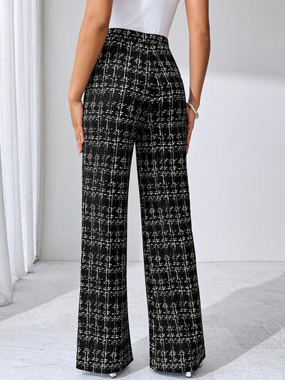 Stylish women's pull-on plaid flare pants with a high waist, made from soft stretch knit for comfort.