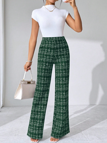 Durable women's stretch knit plaid flare pants, high-waisted, wrinkle-resistant, and easy pull-on.