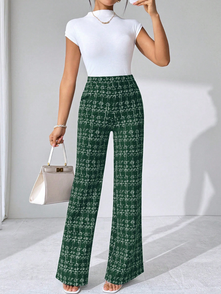 Durable women's stretch knit plaid flare pants, high-waisted, wrinkle-resistant, and easy pull-on.