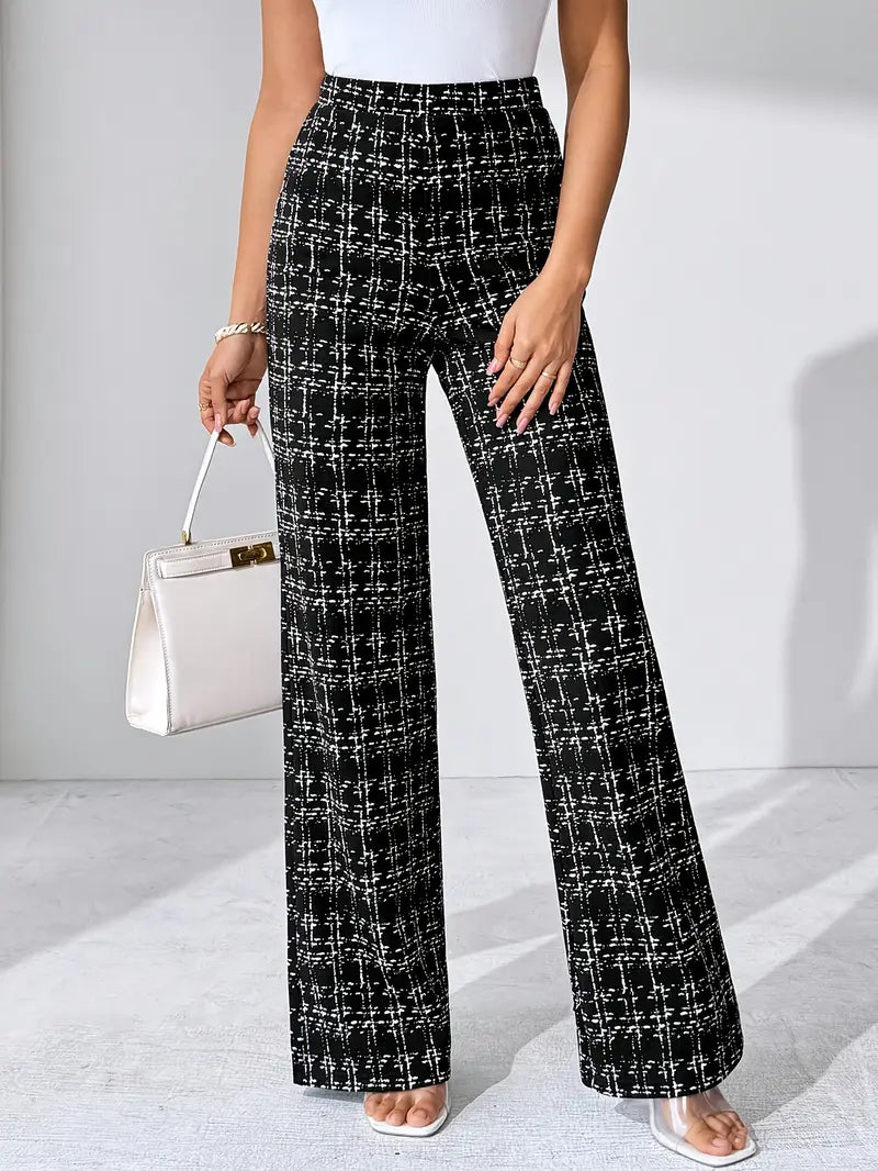 Comfortable stretch knit plaid flare pants for women, high-waisted, with a chic tweed look.