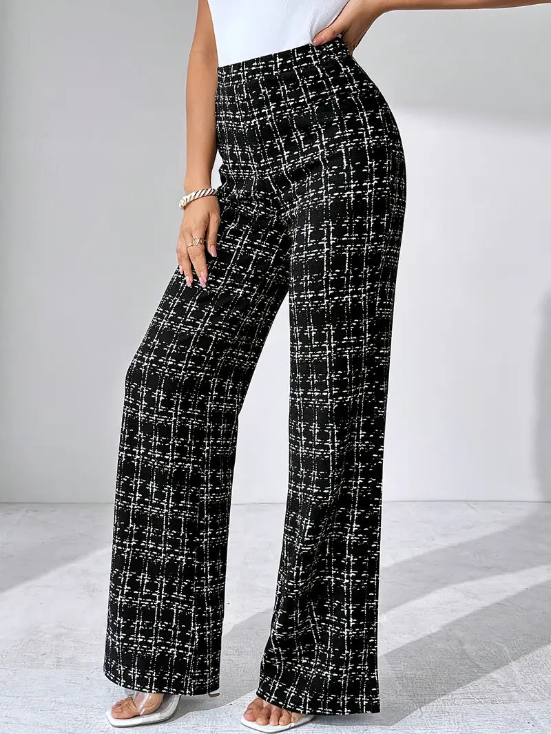 Women's high-waisted plaid flare pants, stretch knit material for a flattering fit and flexibility.