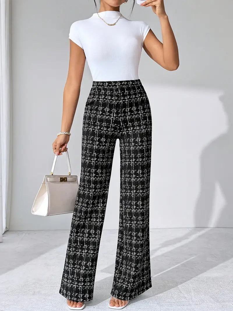 Wrinkle-resistant women's plaid flare pants, high-waisted stretch knit, easy pull-on style.