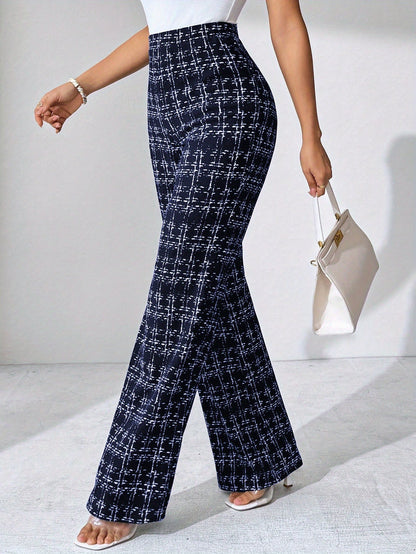 Chic women's high-waisted plaid flare pants; soft stretch knit for all-day comfort and style.
