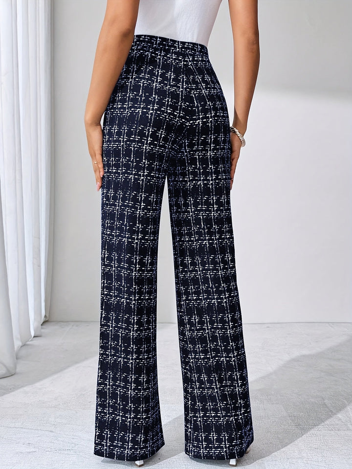Versatile women's plaid flare pants, high-waisted, stretch knit, with a modern flared leg.