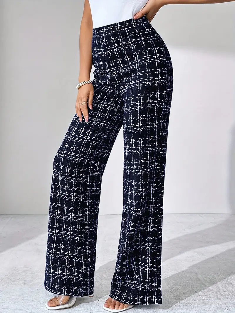Elegant high-waisted plaid flare pants for women, crafted from flexible, comfortable stretch knit.