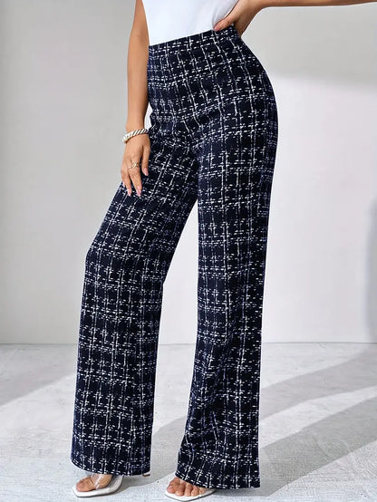 Elegant high-waisted plaid flare pants for women, crafted from flexible, comfortable stretch knit.