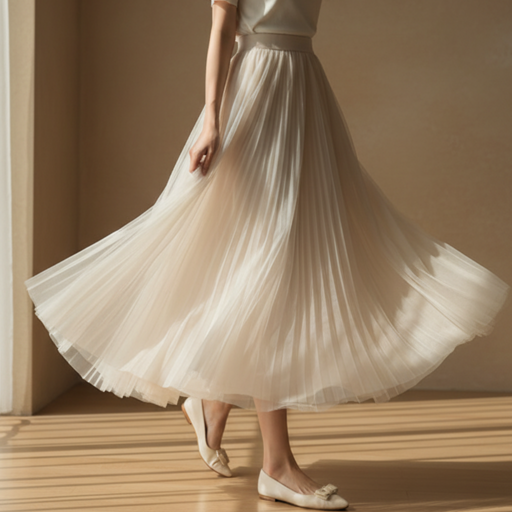 Elegant women's high-waisted pleated midi skirt with a flattering A-line silhouette, perfect for event wear.