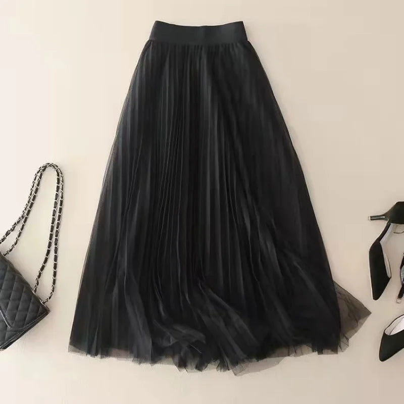 Classic women's high-waisted A-line pleated midi skirt, offering a timeless elegant look for any occasion.