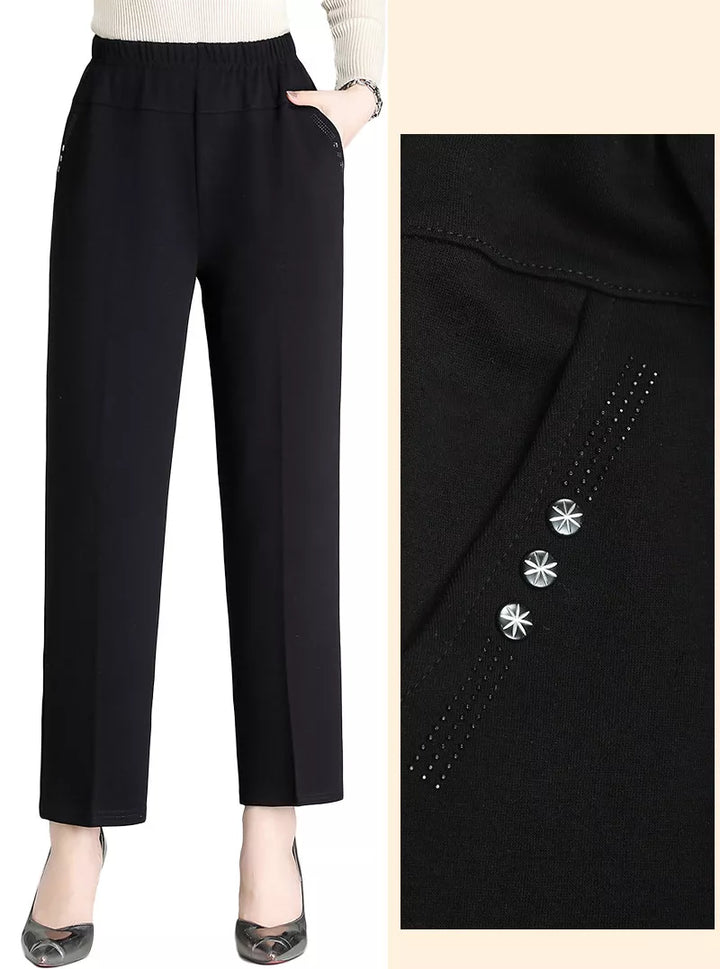 Elegant embroidered high-waisted plus size pants for women, ideal for fall casual chic.