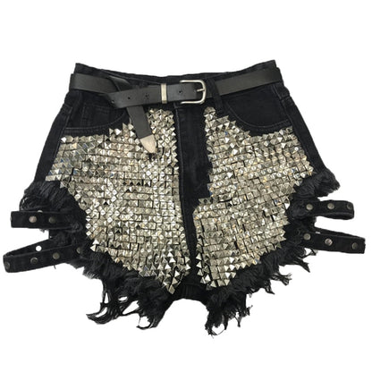 Women's high-waisted studded denim shorts with frayed hems, perfect for summer fashion & casual wear.